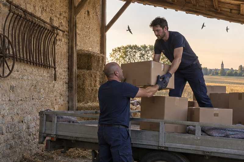 Cartons empilés sous l’auvent d’une grange