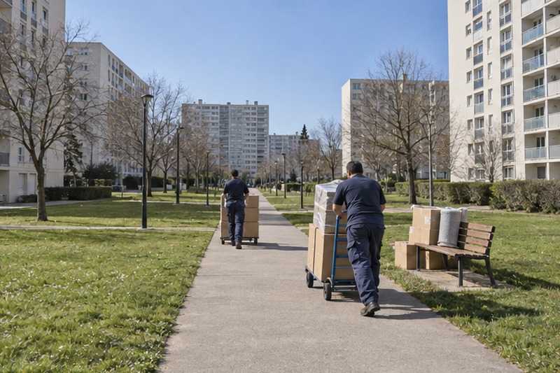 Chariots sur un long cheminement : chantier Rue Albert Einstein