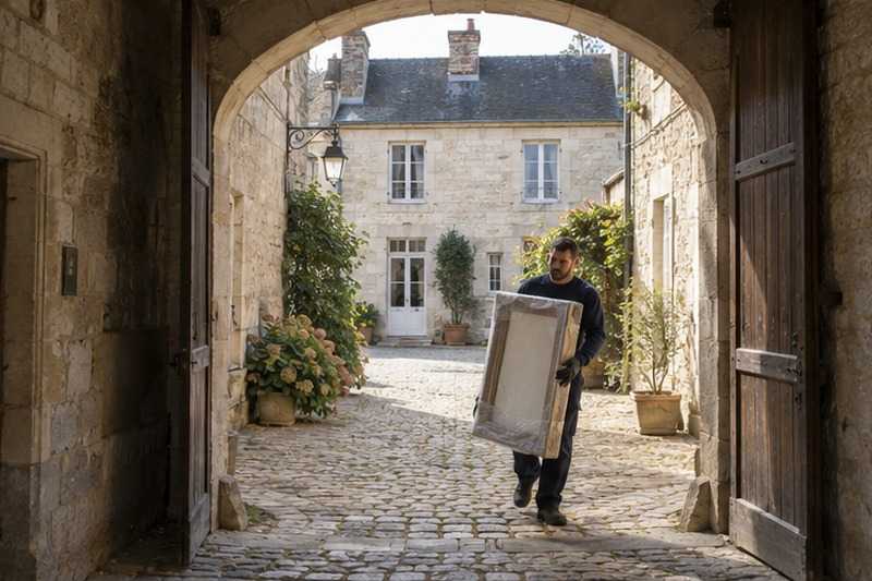 Miroir porté sous un porche de pierre : chantier Rue Arago
