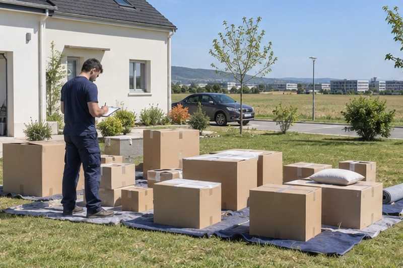 Cartons triés sur une pelouse : chantier Rue d’Avrainville