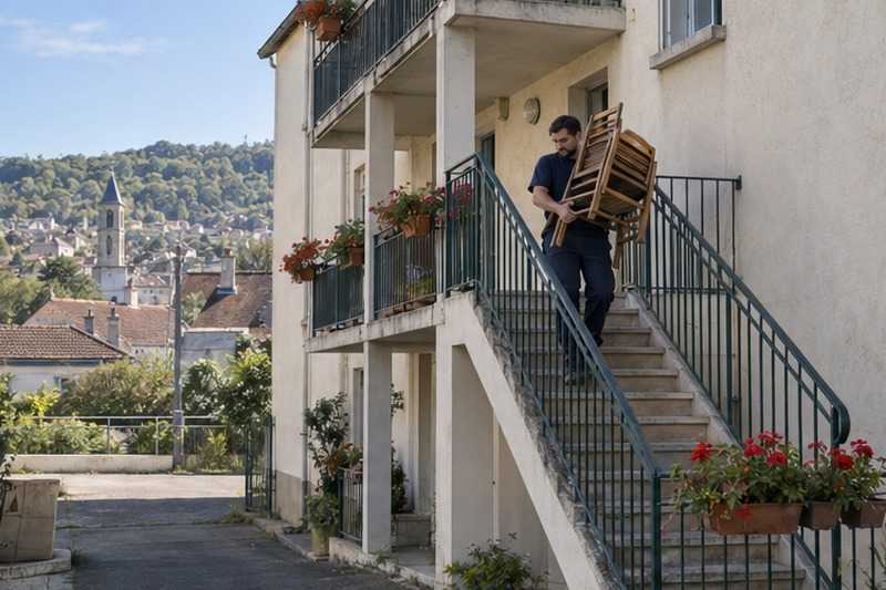 Chaises descendues par l’escalier de service : chantier Rue d’Ollainville