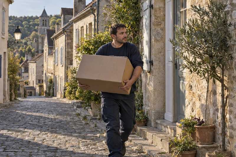 Carton porté sur un trottoir pavé : chantier Rue d’Enfer