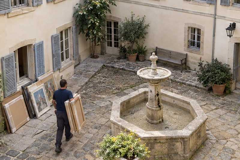 Tableaux emballés le long d’une cour : chantier Rue Alexandre Dumas
