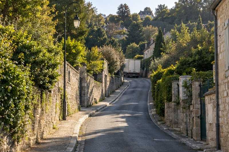 Rue pentue avec un camion au loin