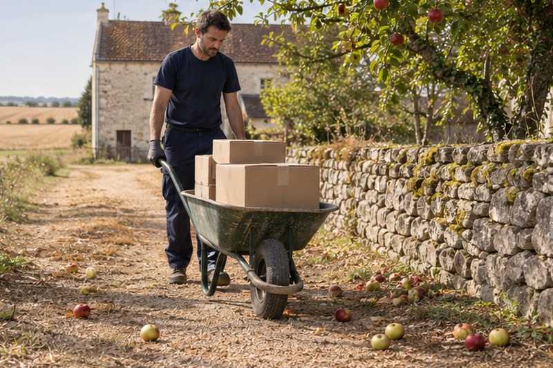 Brouette de cartons dans un verger : chantier Rue d’Oradour-sur-Glane
