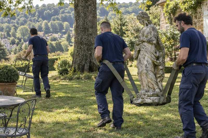Statue de jardin portée à deux : chantier Rue Danton