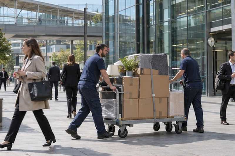 Long chariot de cartons dans un mail piéton : chantier Rue Fondaudège