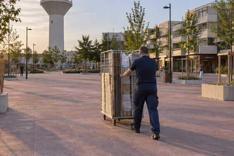 Chariot cage sur une place piétonne : chantier Rue Alfred Laurant