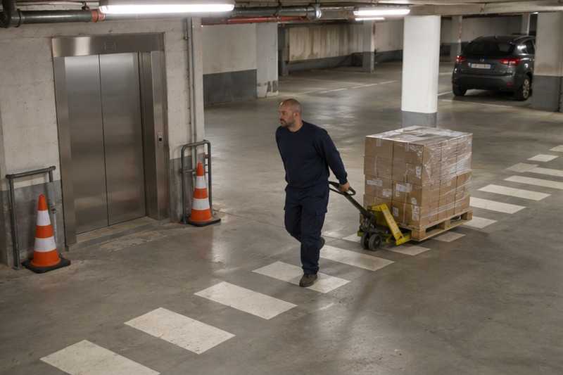 Transpalette dans une allée de parking : chantier Rue Auguste Perret
