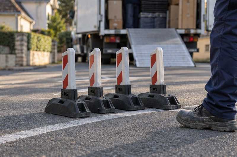 Pieds de barrières alignés sur l’asphalte : chantier Rue des Piverts