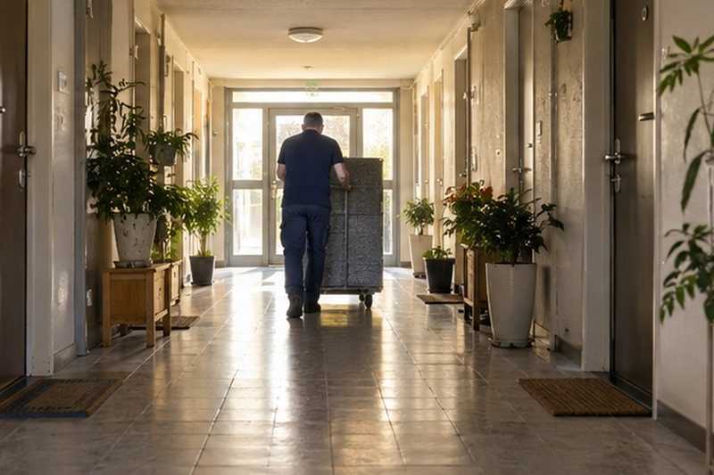 Couloir d’immeuble traversé au chariot : chantier Sentier des Guêttières