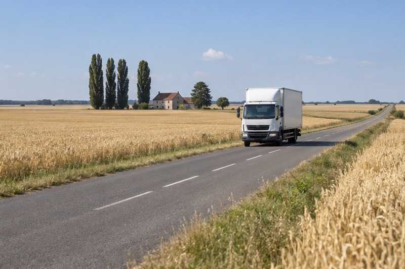 Camion entre les champs de blé