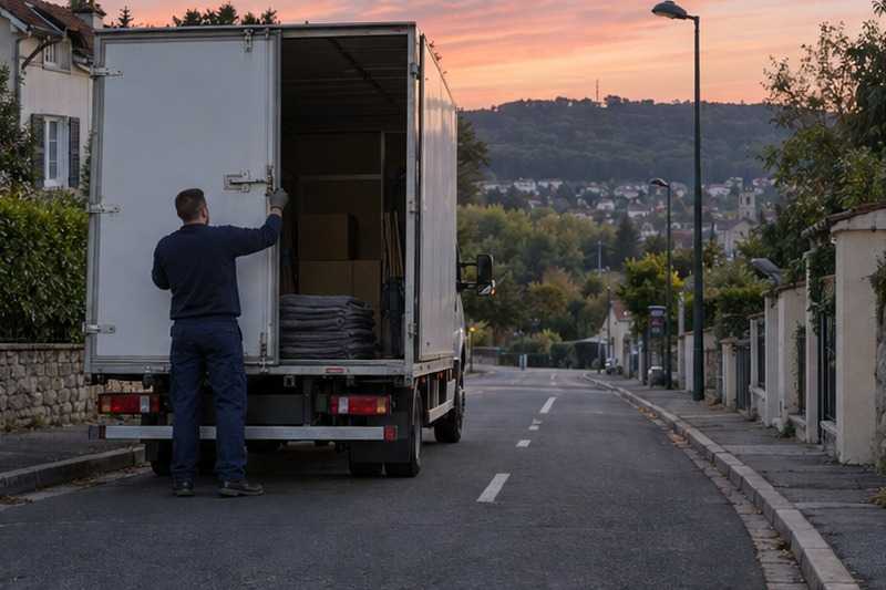 Camion fermé au crépuscule : chantier Rue de Rennes