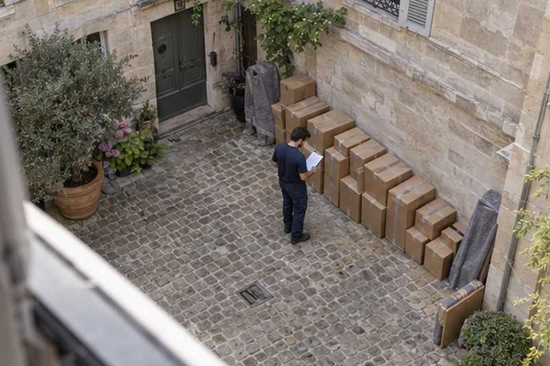Cartons alignés dans une cour pavée : chantier Rue Adam Salomon