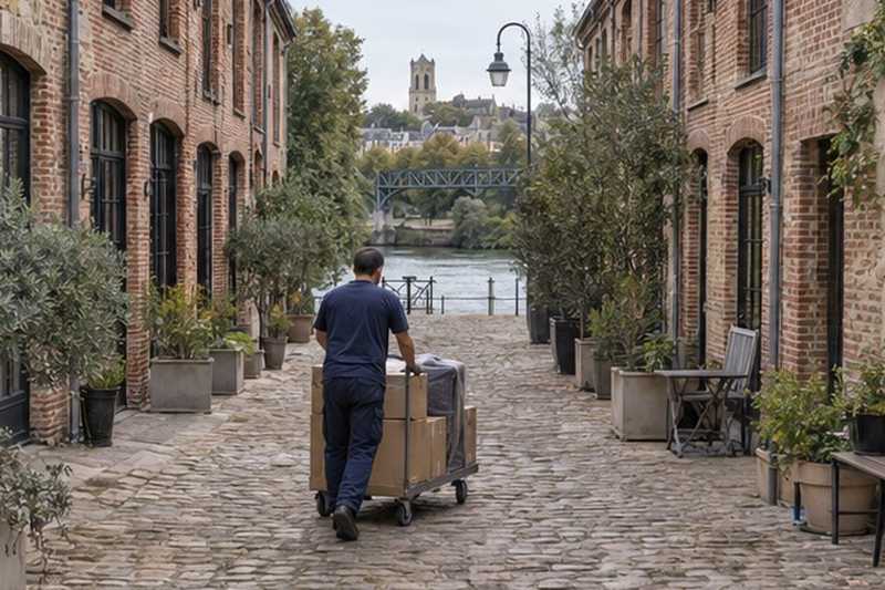 Chariot sur les pavés d’une cour d’ateliers : chantier Rue Albert Moreau