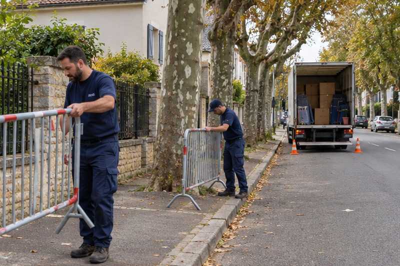 Barrière dépliée le long du trottoir : chantier Rue Alexandre Ribot
