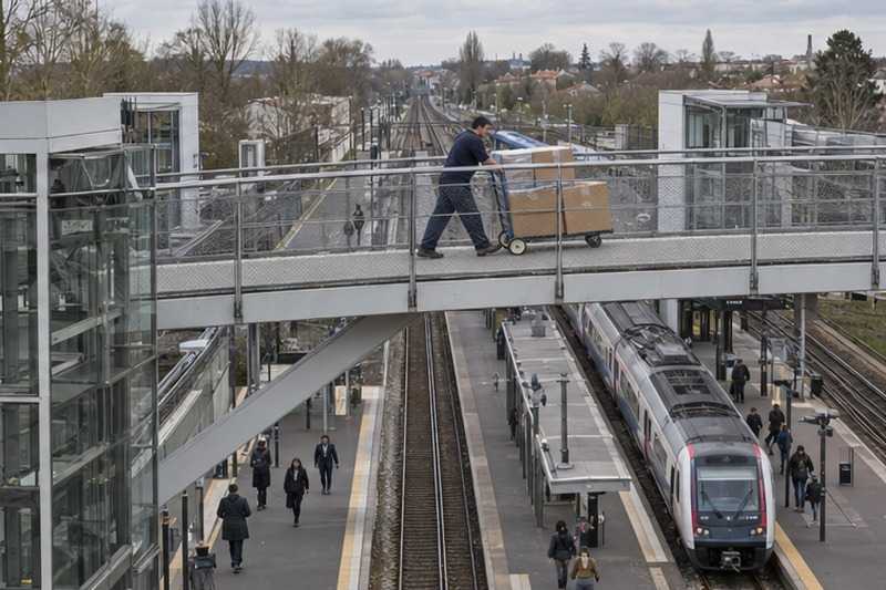 Chariot sur une passerelle piétonne : chantier Rue Alfred Colas