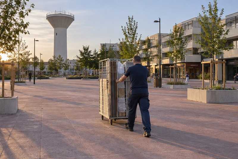 Chariot cage sur une place piétonne : chantier Rue Ambroise Croizat