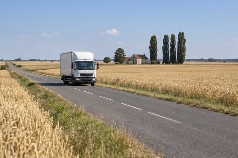 Camion entre les champs de blé