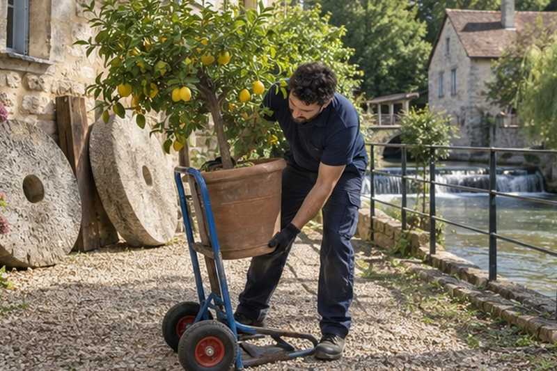 Citronnier en pot dans une cour de moulin : chantier Route de Villaine
