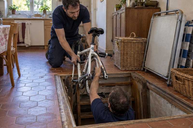 Vélo passé par une trappe de cave : chantier Rue de la Dauphine