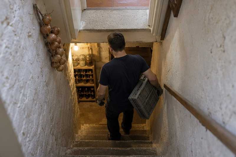 Descente vers une cave blanchie à la chaux : chantier Rue de la Concorde