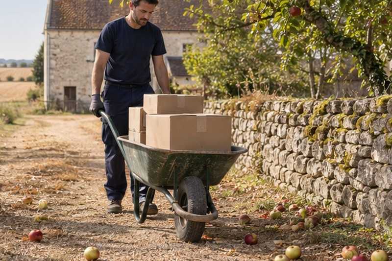 Brouette de cartons dans un verger : chantier Rue Olivier Leroux