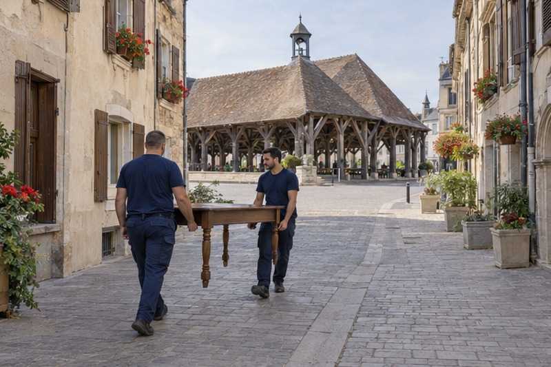 Table portée dans une rue piétonne ancienne : chantier Rue André Depecker