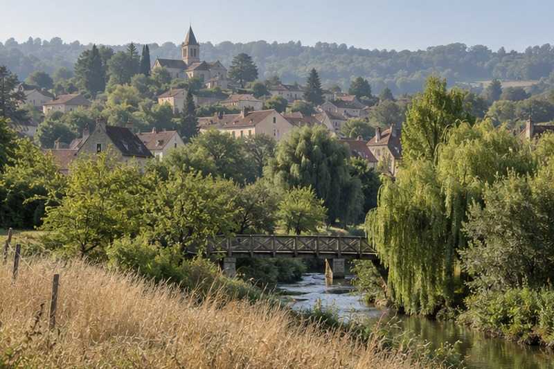 Vallée boisée et toits du village