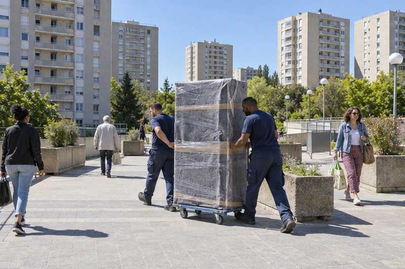Armoire roulée sur une dalle piétonne : chantier Rue Alphonse Daudet