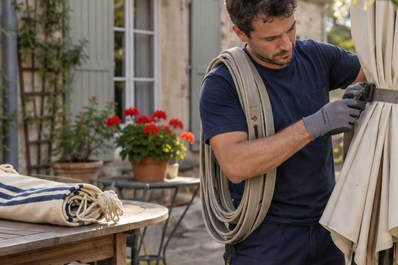 Parasol de terrasse plié et sanglé : chantier Rue Collardeau