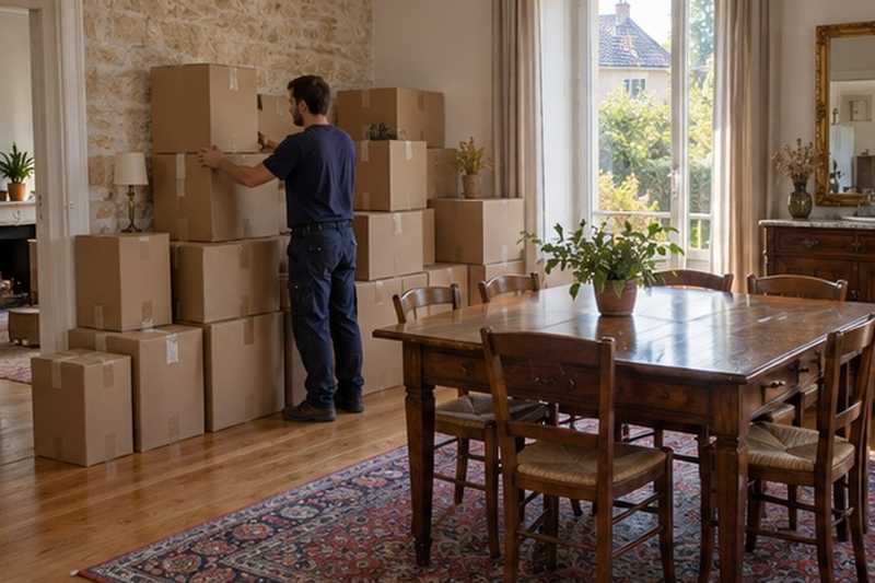 Salle à manger remplie de cartons
