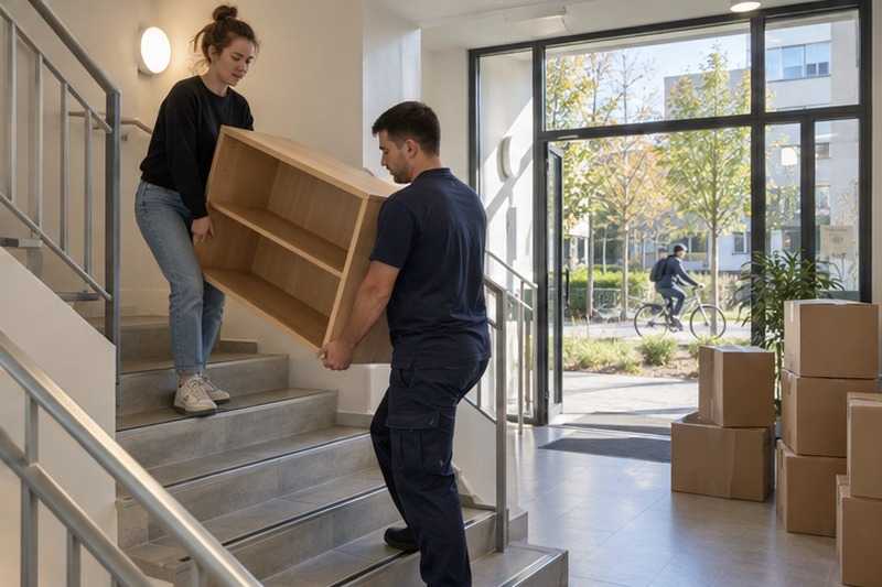 Étudiante et déménageur dans une résidence