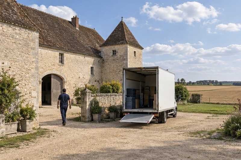 Camion devant une ferme du plateau : chantier Rue Alexandre Dumas