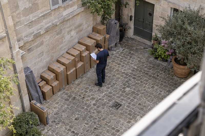 Cartons alignés dans une cour pavée