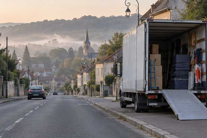 Camion à cheval sur un large trottoir : chantier Rue André Marie Ampère