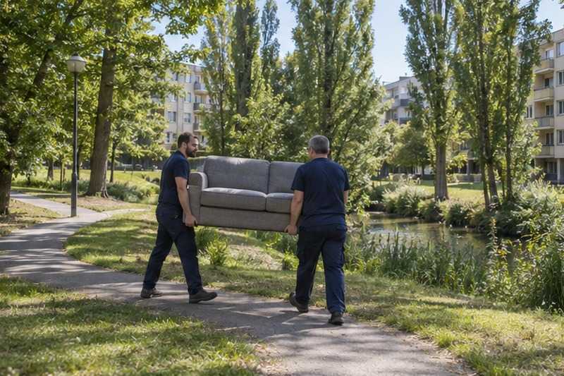 Canapé porté dans un parc arboré : chantier Rue Ambroise Croizat