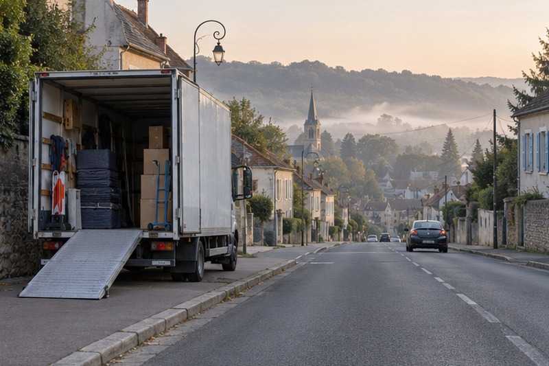 Camion à cheval sur un large trottoir : chantier Rue de Bellevue