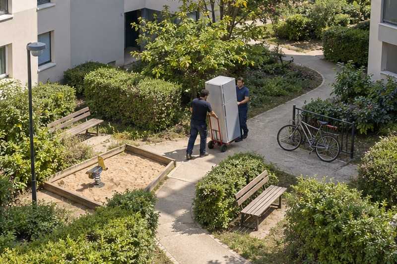Réfrigérateur roulé entre les bancs : chantier Rue de Boissy