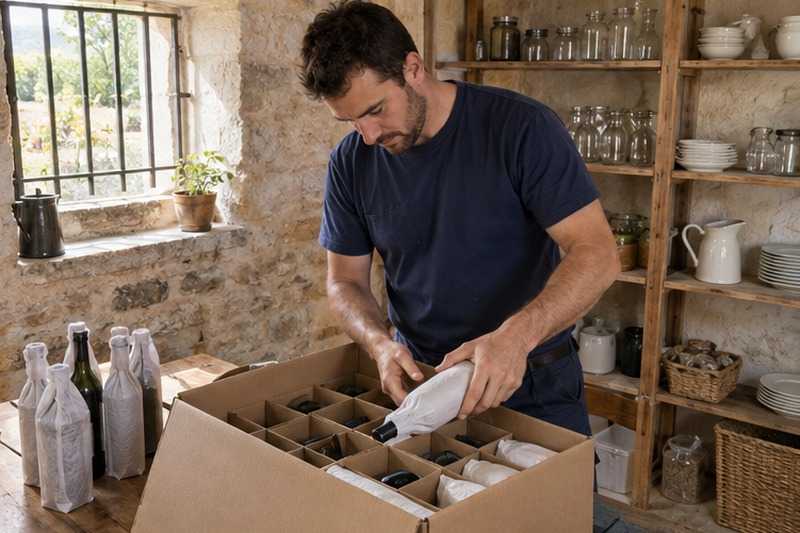 Bouteilles couchées dans un carton à croisillons