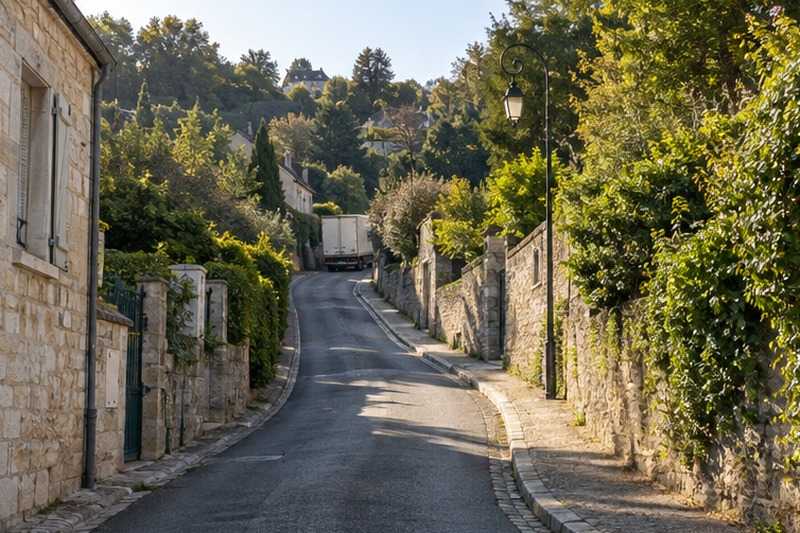 Rue pentue avec un camion au loin