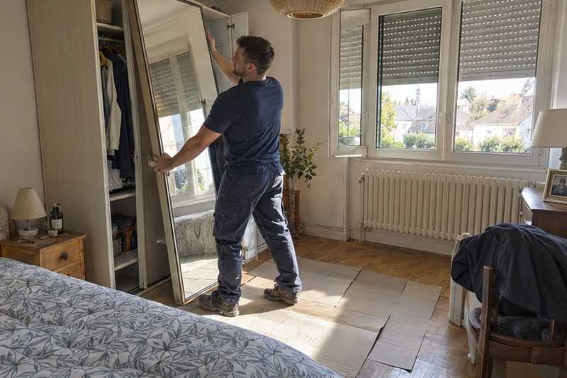 Porte d’armoire déposée à l’étage