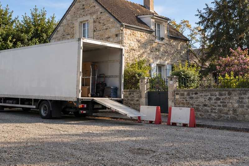 Camion garé devant un pavillon en meulière : chantier Rue de l’Église