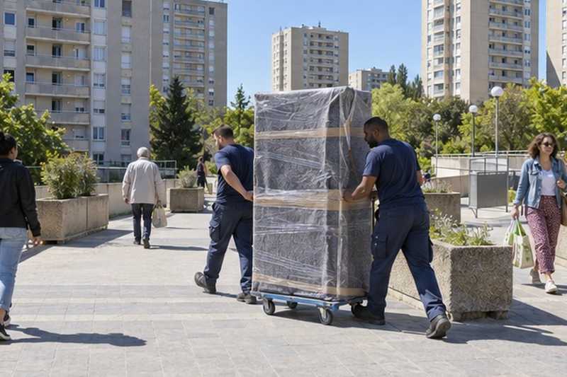 Armoire roulée sur une dalle piétonne