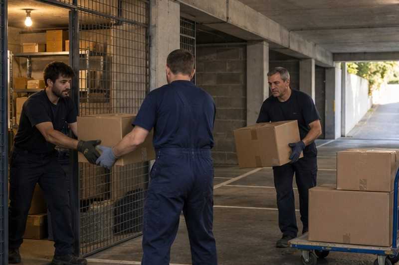 Cartons passés de main en main au sous-sol : chantier Rue Alphonse Daudet