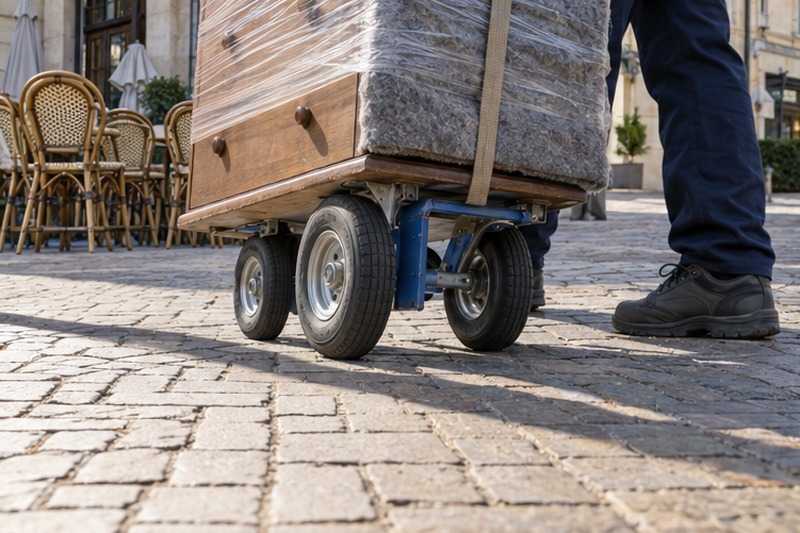 Roues du chariot sur un pavage : chantier Rue Condorcet