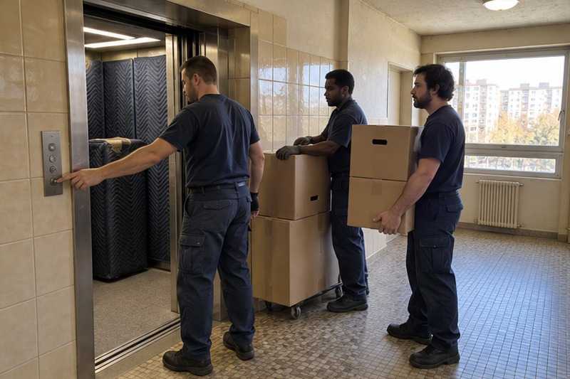 Palier d’ascenseur avec cartons empilés : chantier Résidence au couloir étroit