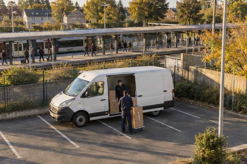 Fourgon garé près d’une gare de banlieue : chantier Rue Ambroise Croizat