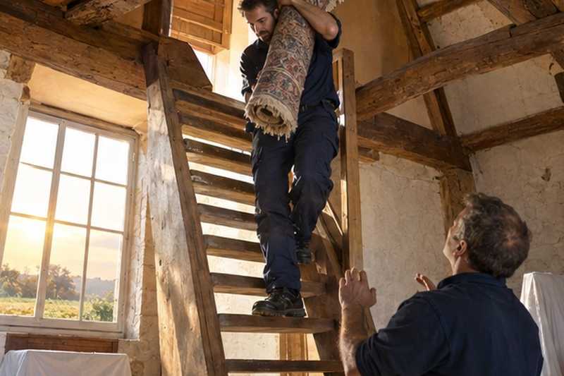 Tapis descendu d’un escalier de grenier : chantier Rue Carnot