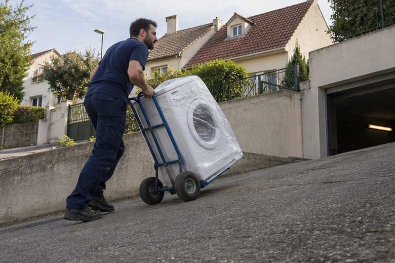 Lave-linge remonté par la rampe : chantier Rue de l’Église